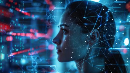 Poster - An AI-driven businesswoman with mobile technology, connectivity, smartphone and cyber data overlays. Digital transformation, mockups, tech analytics, dashboards, and internet holograms.