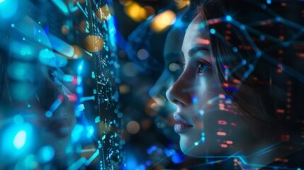 Poster - An AI voice assistant, a smart phone, a smart computer, a virtual reality application, and an internet hologram. Digital transformation, mockup space, tech analytics, dashboard, and internet
