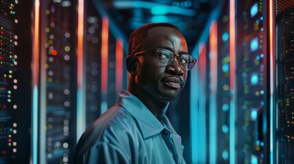 Poster - A black engineer sitting in a server room with a computer. Stock photo.