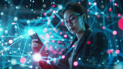 Poster - 3D rendering of a woman connecting two tech devices