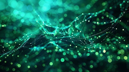 Poster - Artificial neurons, global data connections - Stock image of an abstract blue green technology background with particles connected to a cyber network grid.