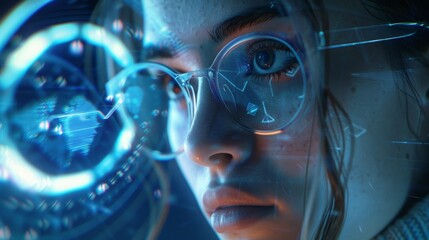 Poster - Beautiful girl with glasses working on a futuristic computer with holograms. Concept: Future, technology, work.