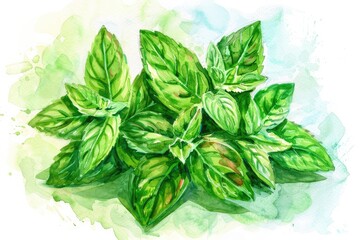 Elegant watercolor depiction of a bunch of fresh mint leaves, with varying shades of green, set against a soft, airy background,