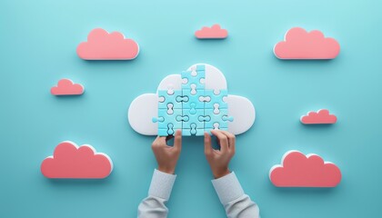 Hands assembling a cloud puzzle with technology symbols, Cloud architecture, Collaborative infrastructure design