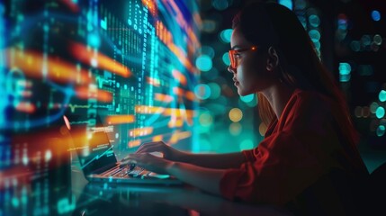 Poster - During the night, a woman is thinking of data analytics, information technology, or a software overlay. Researchers in computer, IT, and cybersecurity are implementing algorithms, statistics, and