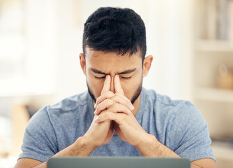 Aufkleber - Headache, laptop and man with stress in home office for remote work, connectivity issue and glitch. Frustrated, web designer and tech with anxiety for internet crash, SEO problem and network error