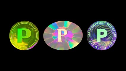 Wall Mural - Vibrant Holographic Sticker Set with Letter P - colorful iridescent labels in retro Y2K Style on black background