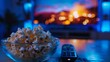 © Антон Сальников - Popcorn bowl and remote control in the background. Cozy evening watching a movie or TV show at home.