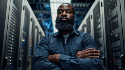 Poster - An IT Engineer with a beard is standing in a data center server room while servers are working on a rack.