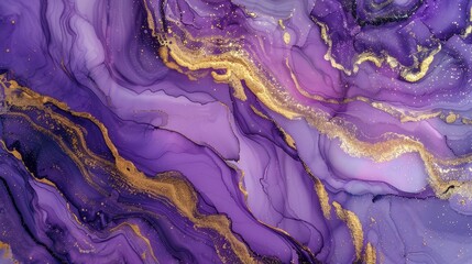 Poster - Stone marble texture with purple and gold color. Abstract background painted with alcohol ink technique. Modern paint with glitter. Template for banner or poster design. Fluid art painting.