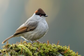 Canvas Print - A small bird perches on a moss-covered rock