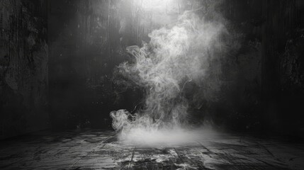 Poster - Display products wall background with a dark abstract cement wall and a gradient studio room with smoke floating up from the inside.