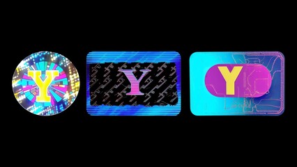 Wall Mural - Vibrant Holographic Sticker Set with Letter Y - colorful iridescent labels in retro Y2K Style on black background