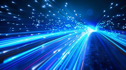 Poster - An abstract sketch of a blue light streak, fiber optics, speed lines, futuristic background for 5G and 6G technology, high-speed internet, wireless data transmission.