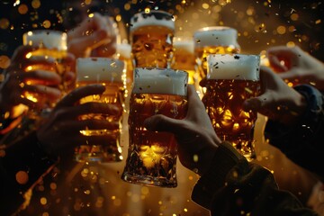 Poster - A group of friends or family gathered together toasting with beer glasses, possibly celebrating a special occasion or milestone