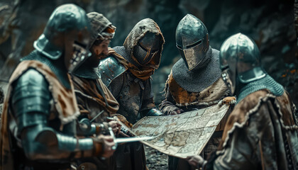 Wall Mural - Four knights are gathered around a map, looking at it intently