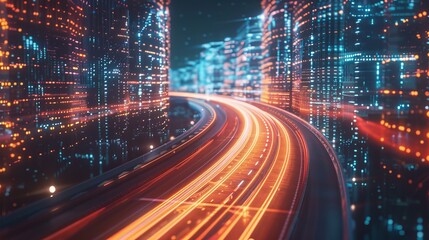 Poster - In 3D, an abstract highway path passes through digital binary towers in a city. In the background there are hyper loops, virtual reality, and high-speed networks.