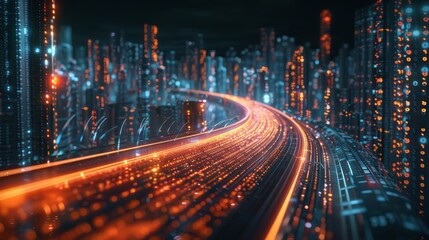 Poster - An abstract highway path through digital binary towers in the city. Concept of big data, machine learning, stocks, hyper loops, virtual reality, and high speed networks.