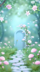 Wall Mural - A magic door surrounded glowing mushrooms