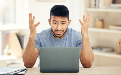 Aufkleber - Frustrated, man and laptop with anxiety in home office for remote work, connection issue and glitch. Confused, web designer and tech with stress for internet crash, SEO problem and network error