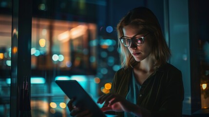 Poster - In an office, a female employee uses a tablet to do research for a startup using technology at night.