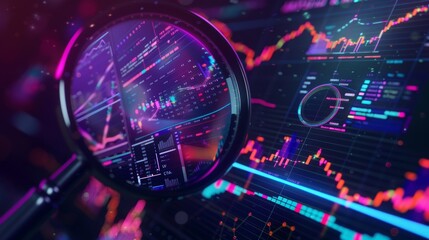 Poster - An analysis of data, search engine optimization or SEO, magnifier, charts, graphs. A neon and ultraviolet screen, and stock.