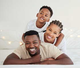 Wall Mural - Black family, portrait and smile of kid in bedroom with parents to relax in home. Face, mother and father with boy child in bed for support, connection and bonding together for healthy relationship