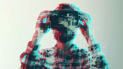 Canvas Print - A man is using a virtual reality headset. There is a glitch effect in the image.