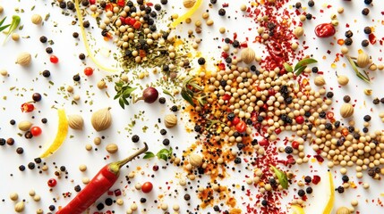 Poster - A variety of spices displayed on a white table, ideal for use in recipe illustrations and food photography