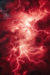 Poster - A dramatic view of a red sky with lightning illuminating the dark clouds, perfect for use in weather or storm-related contexts