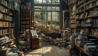 Canvas Print - A room full of books with a chair in the middle