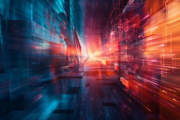 Poster - abstract digital cyberspace tunnel with glowing lines streaming towards a bright light