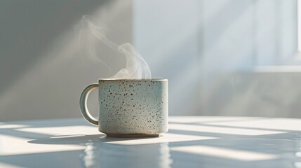 Wall Mural - Steaming Ceramic Coffee Mug on Sunlit Table