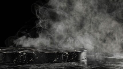 Poster - The podium of a black marble table sits on black stone floor with smoke filling the room.