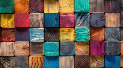Poster - The background features a spectrum of multicolored wooden blocks aligned in an arrangement.
