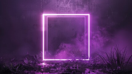 Poster - Abstract geometric background emitting gradient light with neon square frames in the dark. A futuristic display for showcasing products.