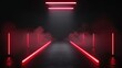 © JP STUDIO LAB - Illustration of a fashion show runway, red lights and neon lamps in smoke, black background, long podium perspective, focus cover all object