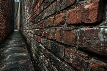 Poster - A brick wall with a narrow street in the background, perfect for use in scenes of urban exploration or city life