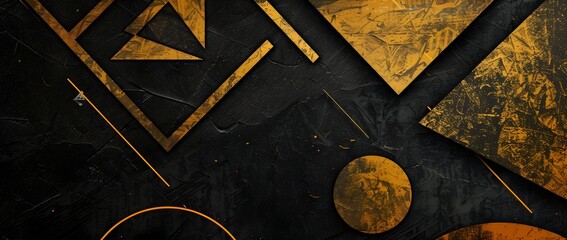 Wall Mural - Overlapping Golden Geometric Shapes with Distressed Paper Texture on Abstract Black Background for Banner or Flyer Design