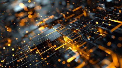 Poster - Particles and metallic plates form an abstract background of high technology digital technology.