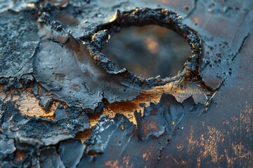 Poster - A close-up view of a rusted metal surface with a hole, suitable for use in industrial or mechanical contexts