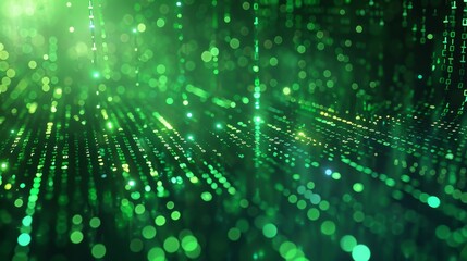 Poster - 3D render. Abstract background with green neon lines sliding down. Modern digital wallpaper. A stream of glowing particles appears on the screen.