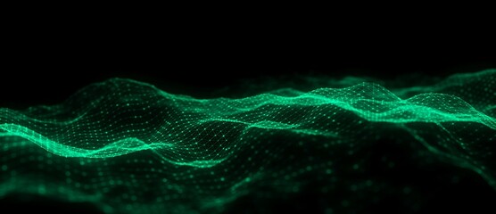 Aufkleber - Green wave of particles and lines. Big data visualization. Abstract background with a dynamic wave. 3d rendering.