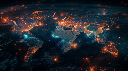 Poster - A world map with abstract elements, a concept of global connectivity and data transfer, the concept of cyber technology and international business, and an abstract world map.