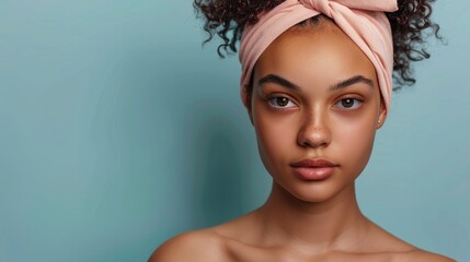 the image brings to mind a beautiful young afro-american woman with a pink headband and clean, fresh
