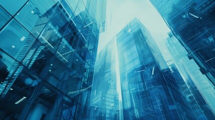 Poster - The smart city, a futuristic financial district - Architectural blue background for corporate and business brochures
