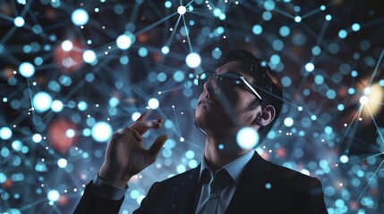 Poster - Three-dimensional rendering of a businessman using floating digital network connections