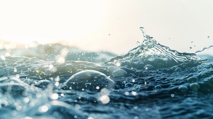 Poster - Floating white-grey waves in sunlight. Desaturated transparent clear calm water surface texture with splashes and bubbles. Nature background.