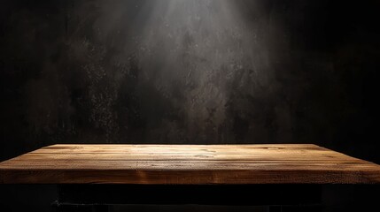 Poster - Wooden table top with black backdrop and spotlight. Can be used for displaying or montaging products on the table top.