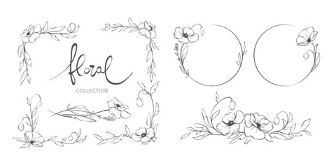 Wall Mural - Frames from wild flower wreaths. Sketch in lines, freehand drawing. Vector illustration, summer flowers borders.